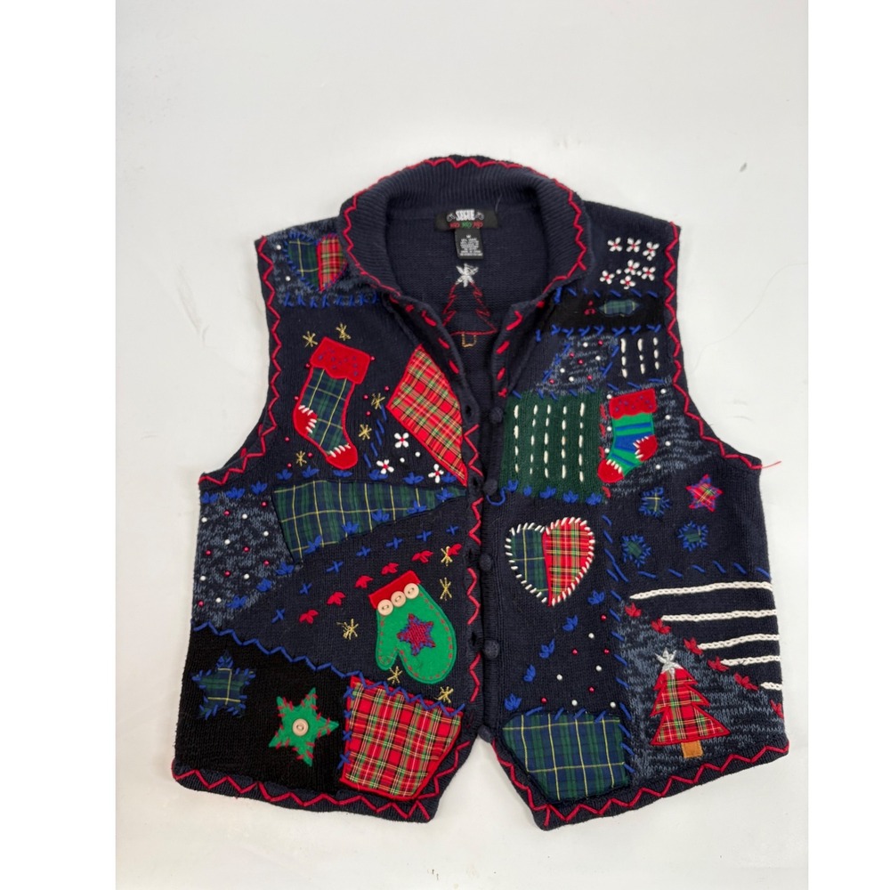 Segue Ho Ho Ho Christmas Sweater Vest Navy Blue Patchwork Holiday Mens Medium